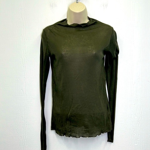 Zara -NWT Dark Green Sheer Mock Neck Long Sleeve Lightweight Blouse Size Medium - Picture 1 of 10